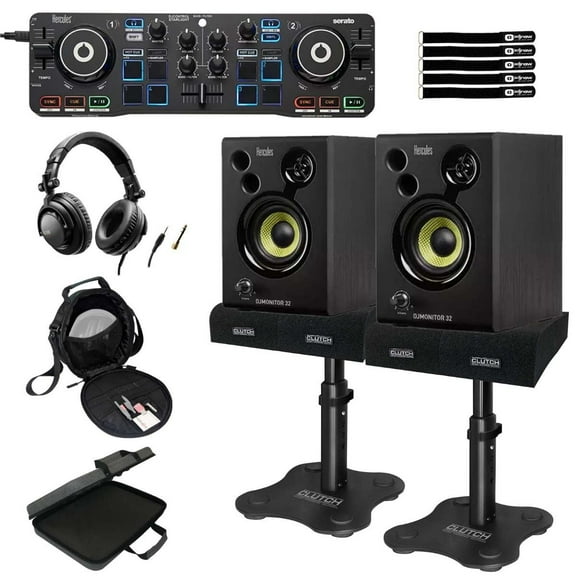 Hercules DJStarter Kit - Controller, Speakers, & Headphones with Desktop Stands & Case Package