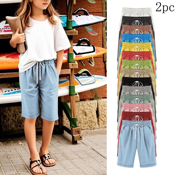 Girls Summer Shorts 2PC Elastic Waist Knee Length Casual Linen Cotton Bermuda Shorts with Pockets School Uniform Shorts White 11-12Years