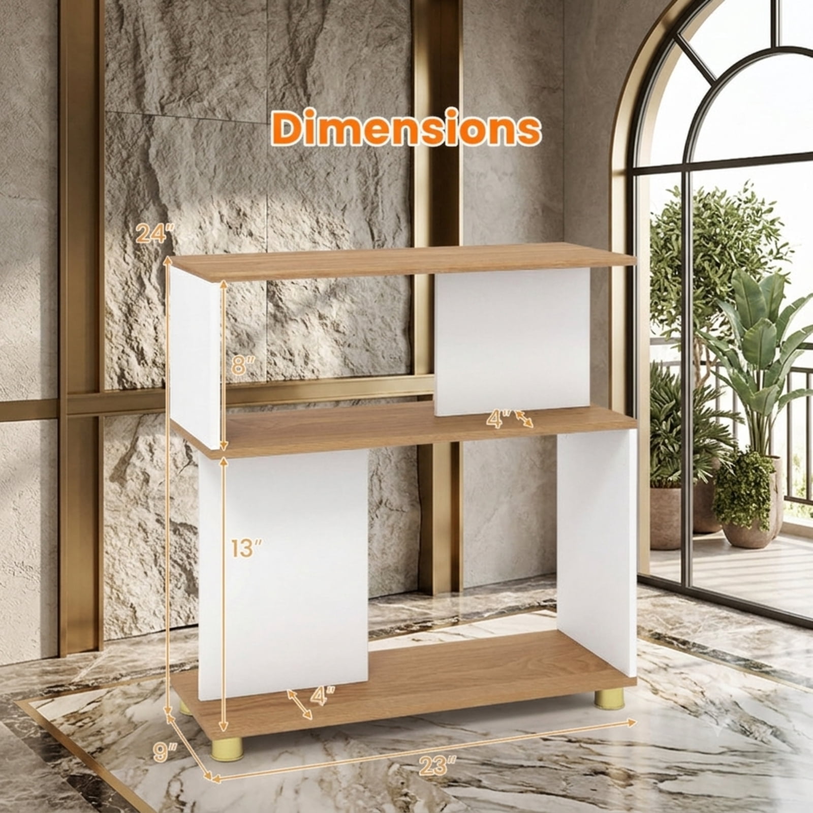 Furnibear 3-Tier Modern S-Shaped Bookshelf with Reversible Design Adjustable Feet and Anti-Tipping Kits for Living Room and Study, White
