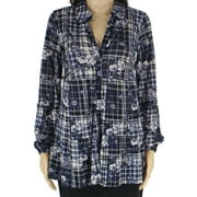 Style & Co. Women Top Petite Floral Plaid Button Down Shirt Blue PP