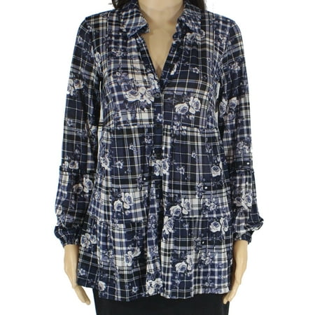 Style & Co. Women Top Petite Floral Plaid Button Down Shirt Blue PP