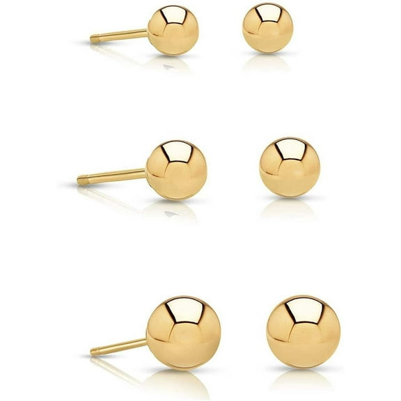 14k Gold Ball Stud 3 Pair Earrings Set 3mm, 4mm, 5mm