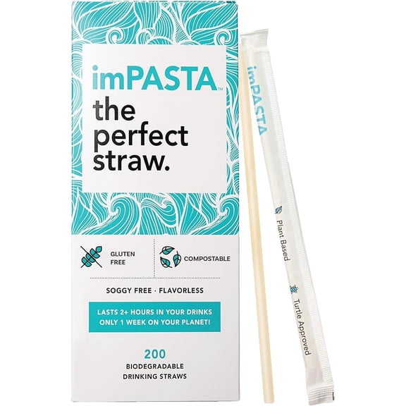 imPASTA Straws Biodegradable Drinking Straws - Vegan-Friendly, Gluten-Free & Compostable, Never Cracks, 100% Flaverless, Eco-Friendly Drinking Straws Alternative to Plastic Straws | 200 Count