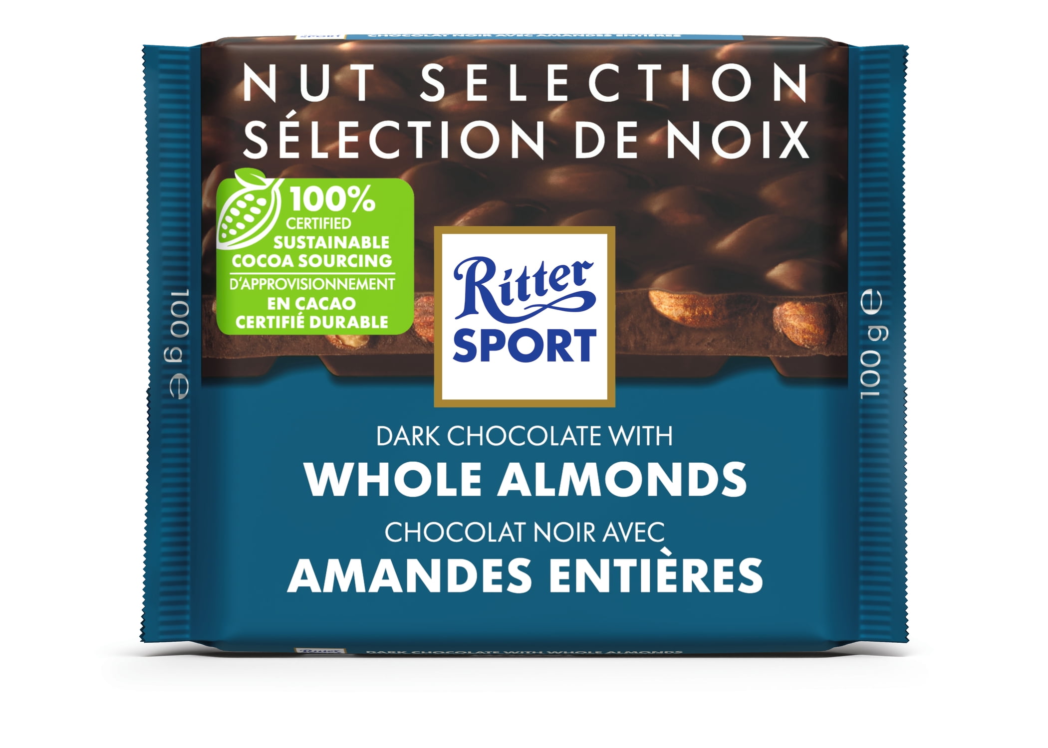 Tablette de Chocolat Noir aux Amandes Entières Ritter Sport, Contient des Amandes et du Lait, 100 G