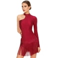 thumbnail image 6 of iiniim Women's Latin Dance Dress Single Long Sleeve Backless Rhinestone Fringe Ballroom Party Burgundy XL, 6 of 7