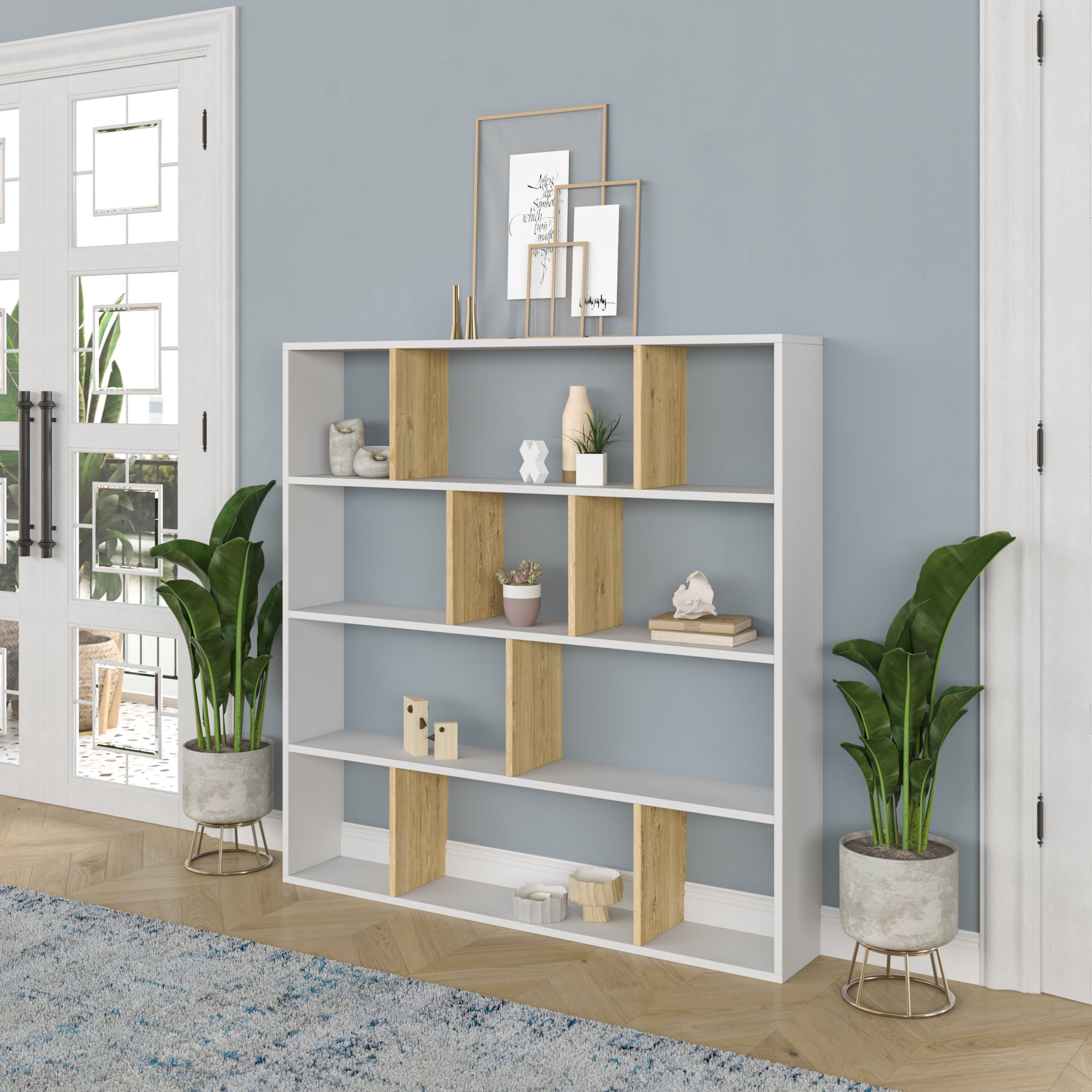 Ada Home Decor Hobdi 4 Tier Open Shelf Cube Modern Bookcase, White/Oak