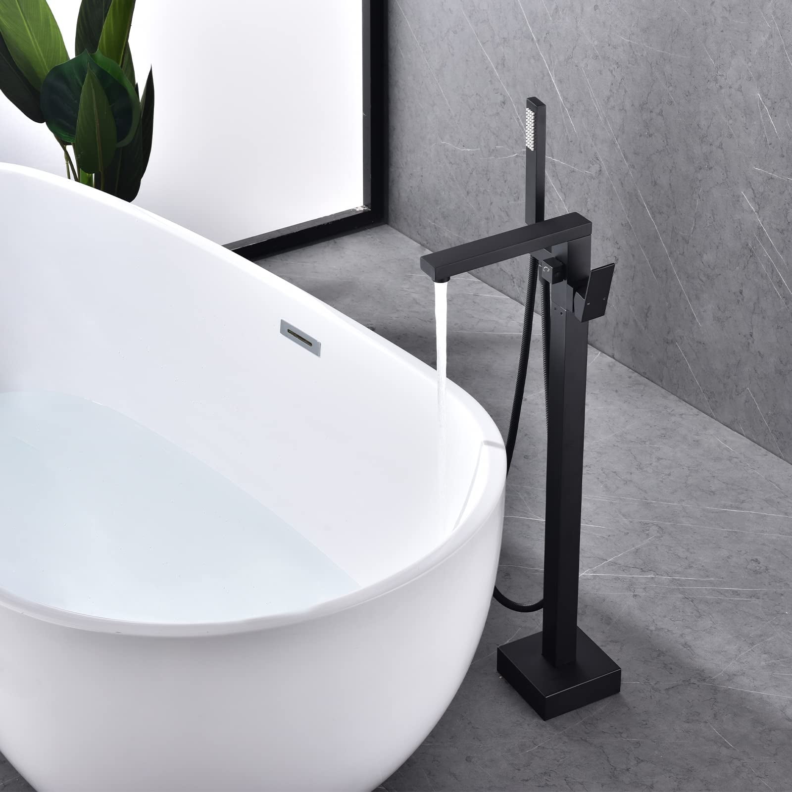 Dawot Floor Mount Bathtub Faucet, 2 Function Brass Matte Black Bathroom Freestanding Tub Filler Single Handle with Hand Shower