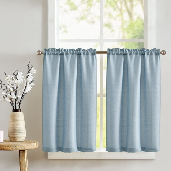 Curtainking Blue Kitchen Curtains 24 inch Linen Textured Cafe Curtains for Bathroom Farmhouse Light Filtering Tier Curtains Rod Pocket 2 Panels