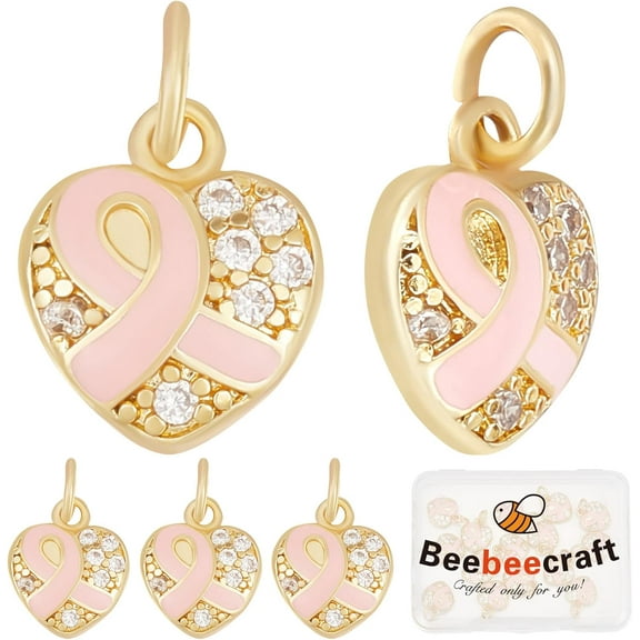 1 Box Ribbon Awareness Charms 18K Gold Plated Breast Cancer Hope Charm Pendants with Cubic Zirconia and Jump Rings for Earring Bracelet Necklace Jewelry Making DIY