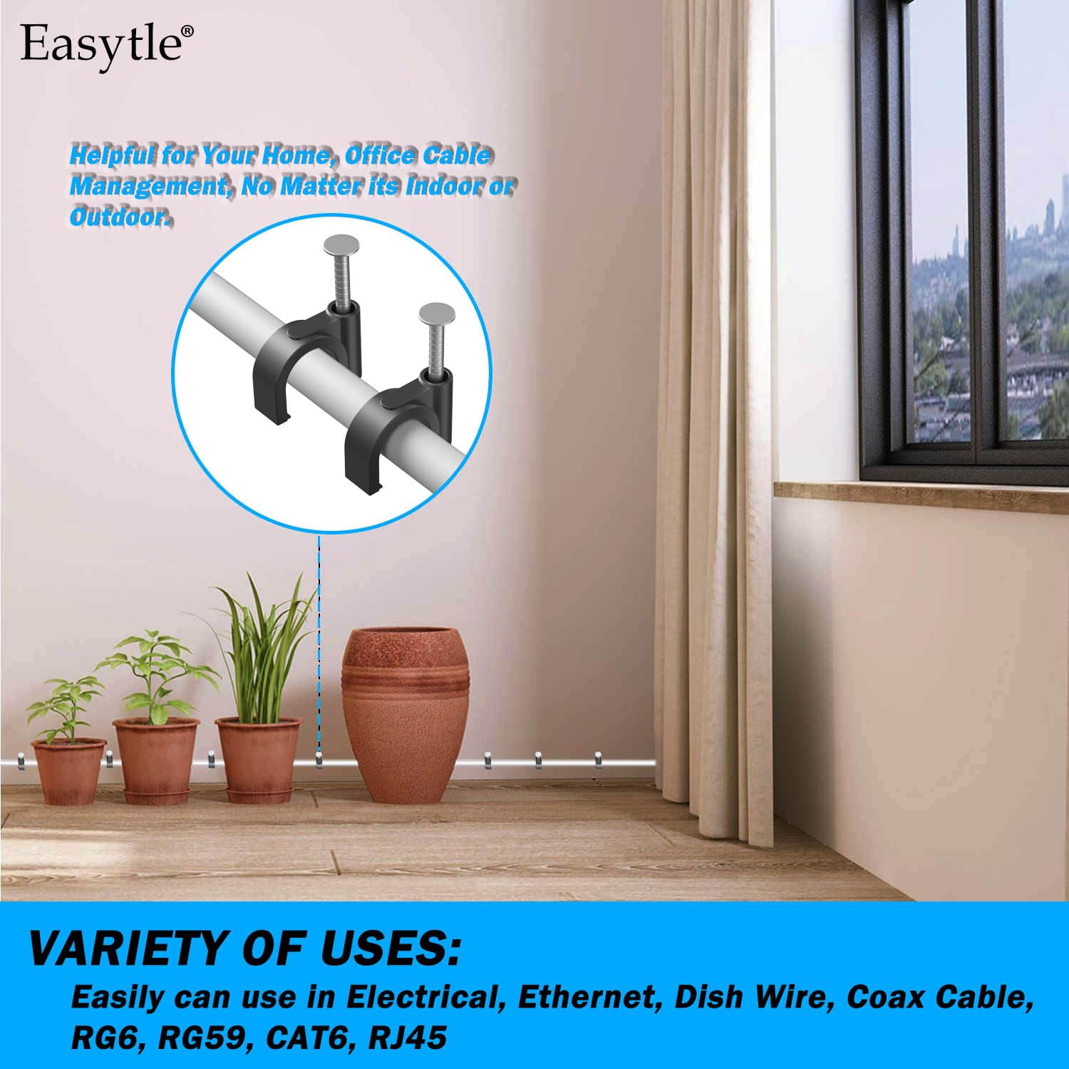 4/6/8/10mm Black Nail in Cable Clips Wire Tacks Clamps for Cable Management RG6 RG59 CAT6 RJ45 Ethernet Coax, 160 Pcs