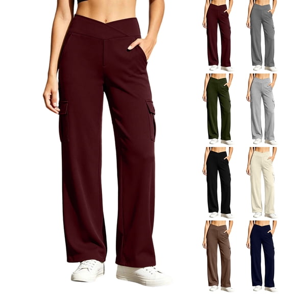 Yxbdin Womens Yoga Pants with Pockets Trendy Crisscrossed Waisted Cargo Athletic Pants Straight Leg Fashion Workout Trousers for Gym Fitness