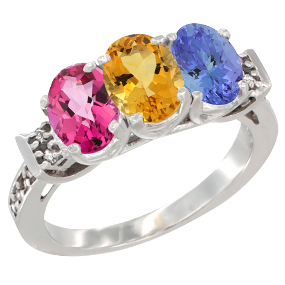 10K White Gold Natural Pink Topaz, Citrine & Tanzanite Ring 3-Stone Oval 7x5 mm Diamond Accent, sizes 5 10 by WorldJewels