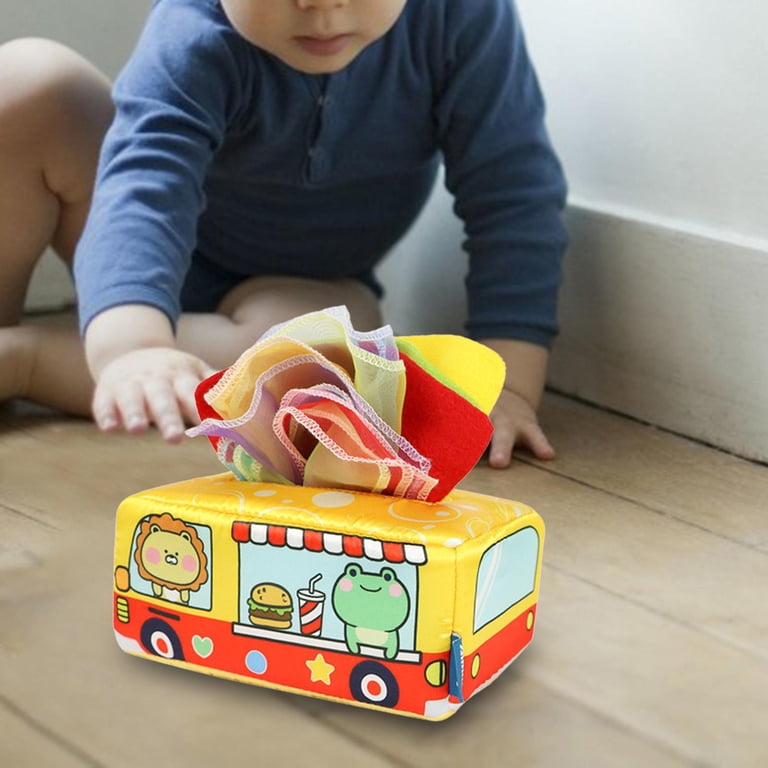 AWHAO Boîte à Mouchoirs Sensorielle Renard – 8 Tissus Colorés, Motricité Fine, éveil Bébé Dès 6 Mois