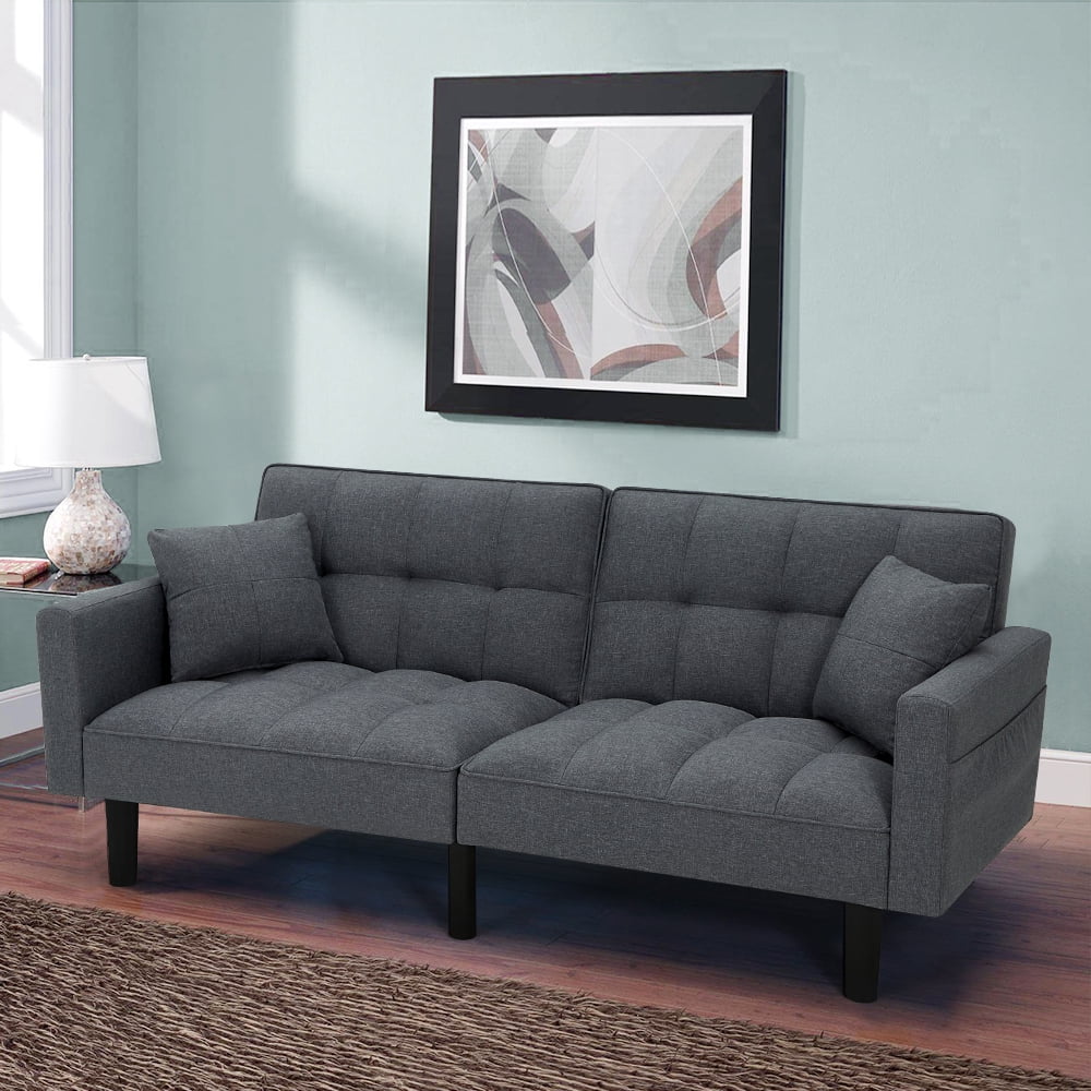 AVAWING Modern Upholstered Sofa Bed, Convertible Sectional Sofa, Upholstered Futon Linen Tufted Couch w/ 2 Pillows, Apartment, Gray