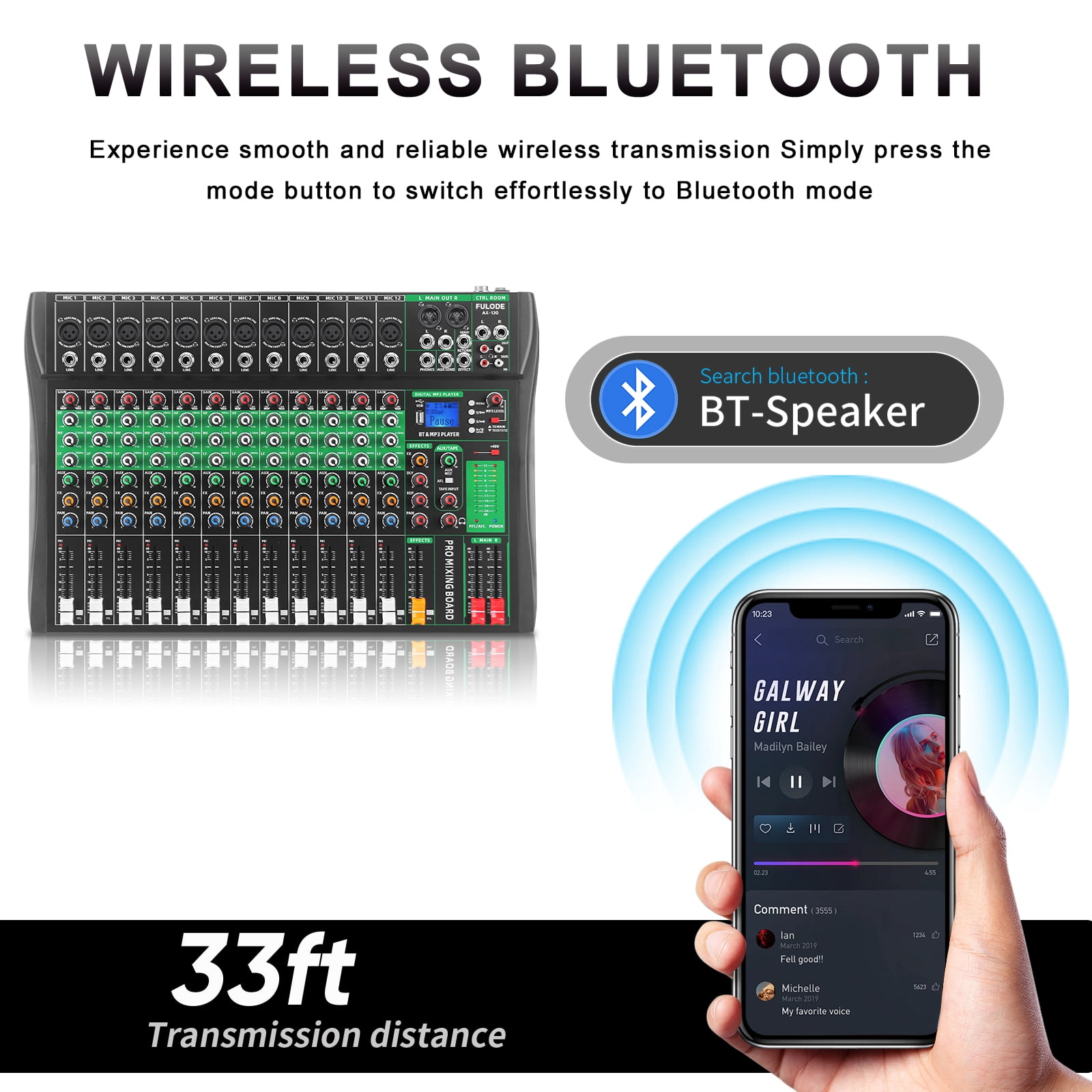 12 Channel Audio Mixer, Professional DJ Mixer Board Sound Music Mixing Console Digital Mixer with Reverb, Bluetooth, USB Port, 48V Phantom Power for Recording Karaoke Podcasting