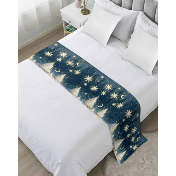 Blue Christmas Bed Runner for Cal. King Size Bed, Xmas Tree Snowflake Yellow Bedspread Protector Slipcover Bed Scarf for Foot Bed Runners & Scarves for Bedroom Hotel Wedding Room 94x20 Inches