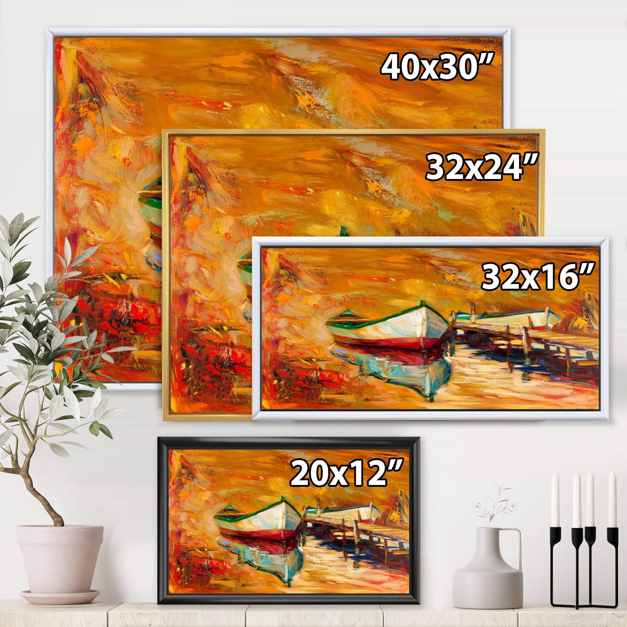 Designart 'Red and White Boats By The Pier' Nautical & Coastal Framed Canvas Wall Art Print