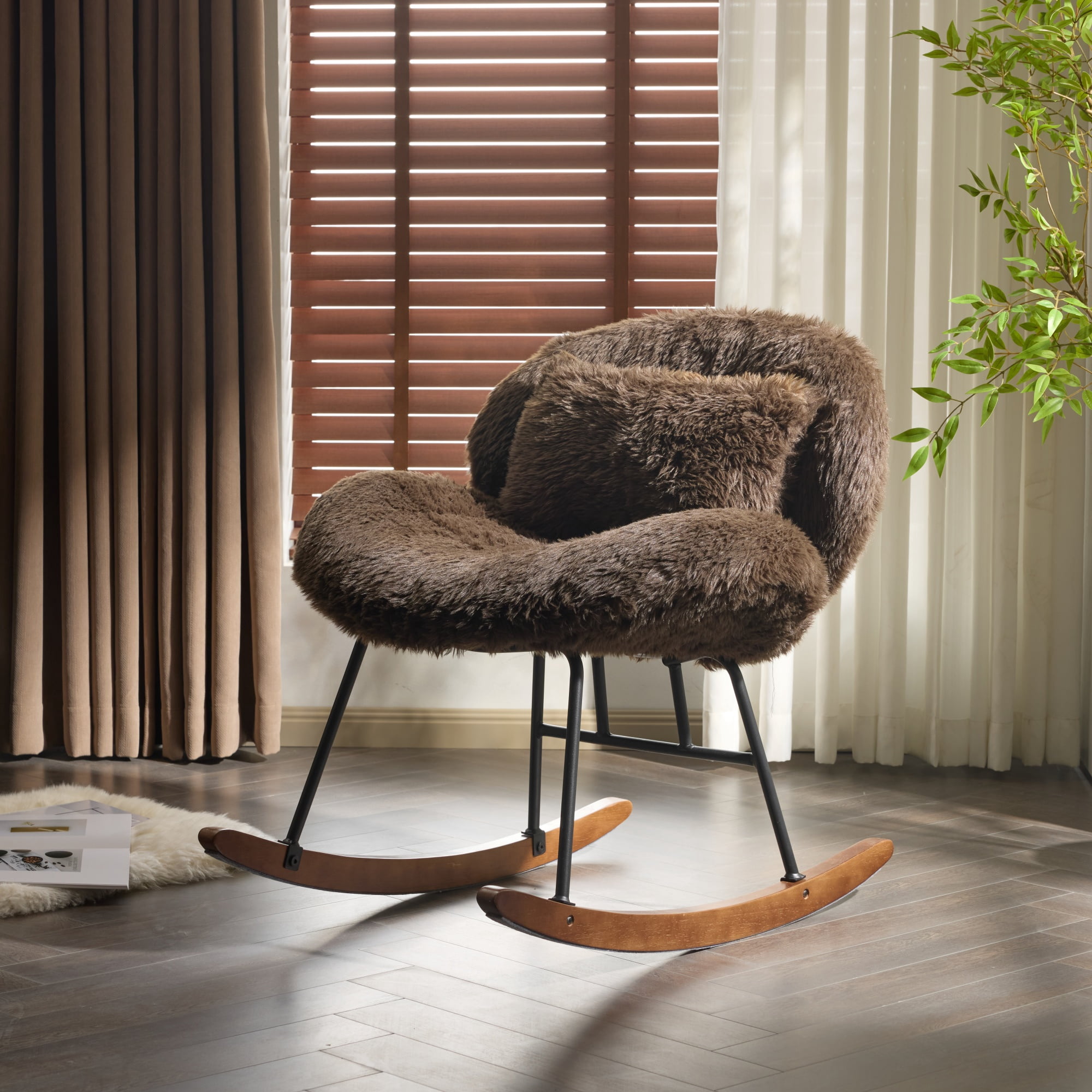 UBesGoo Nursery Rocking Chair, Modern Accent Chair with Padded Seat and Wooden Metal Frame, Long Pile Fabric Upholstered Glider Rocker, Comfy Nest Style, Coffee