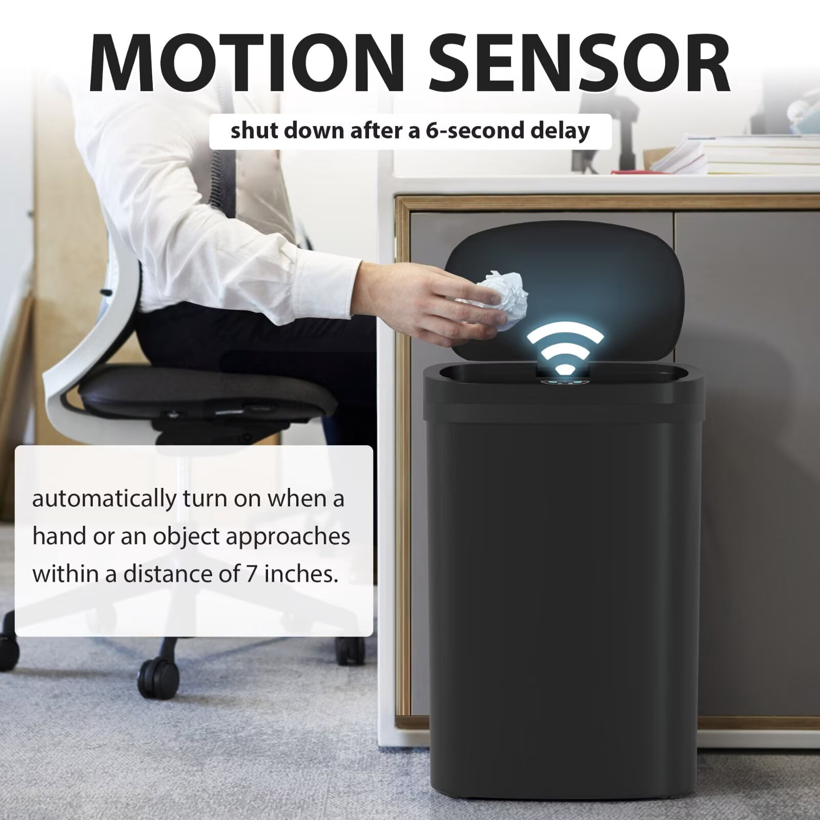 YRLLENSDAN Kitchen Trash Can 13 Gallon Size, Touchless Trash Can 13 Gallon, Motion Sensor Trash Can with Lid, Automatic Garbage Can 13 Gallon, Plastic Tall Trash Bin, Black