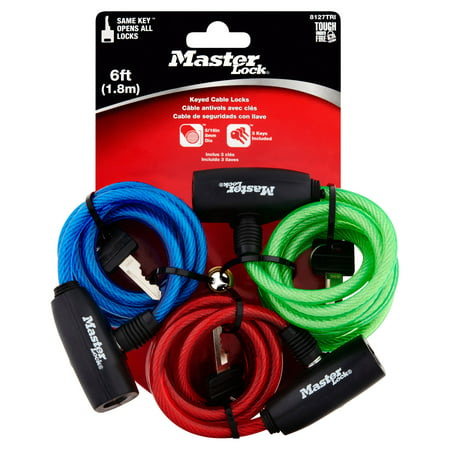 Master Lock Cable Lock 8127TRICC Keyed Bike Lock, 6 ft. Long, Color Assortment, 3 Pack Keyed