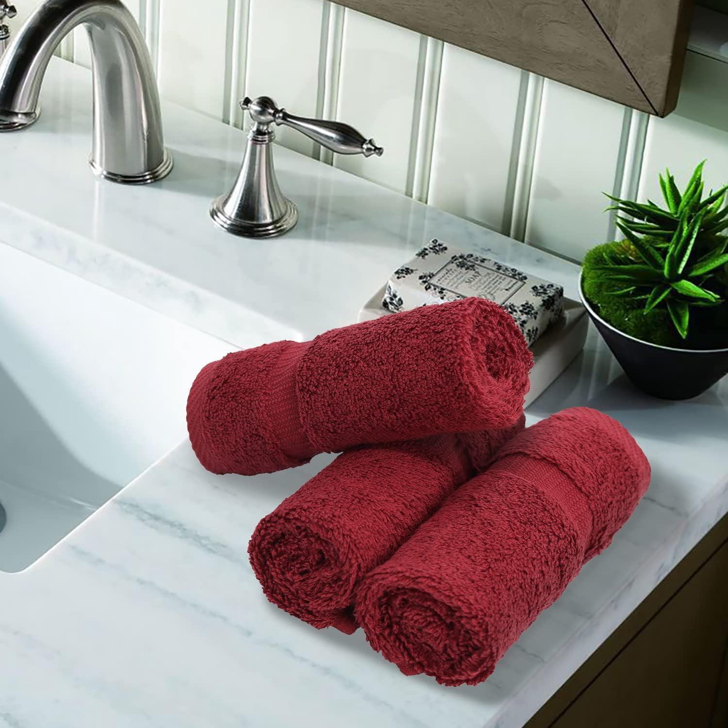 Luxury Hotel &  Collection, 100% Turkish Cotton 700 GSM Cloth, for Body wash, Makeup Remover & Cleaning, Baby, face, Dobby Border Soft washcloths Towel Set 13" X 13", Cranberry, Set of 6