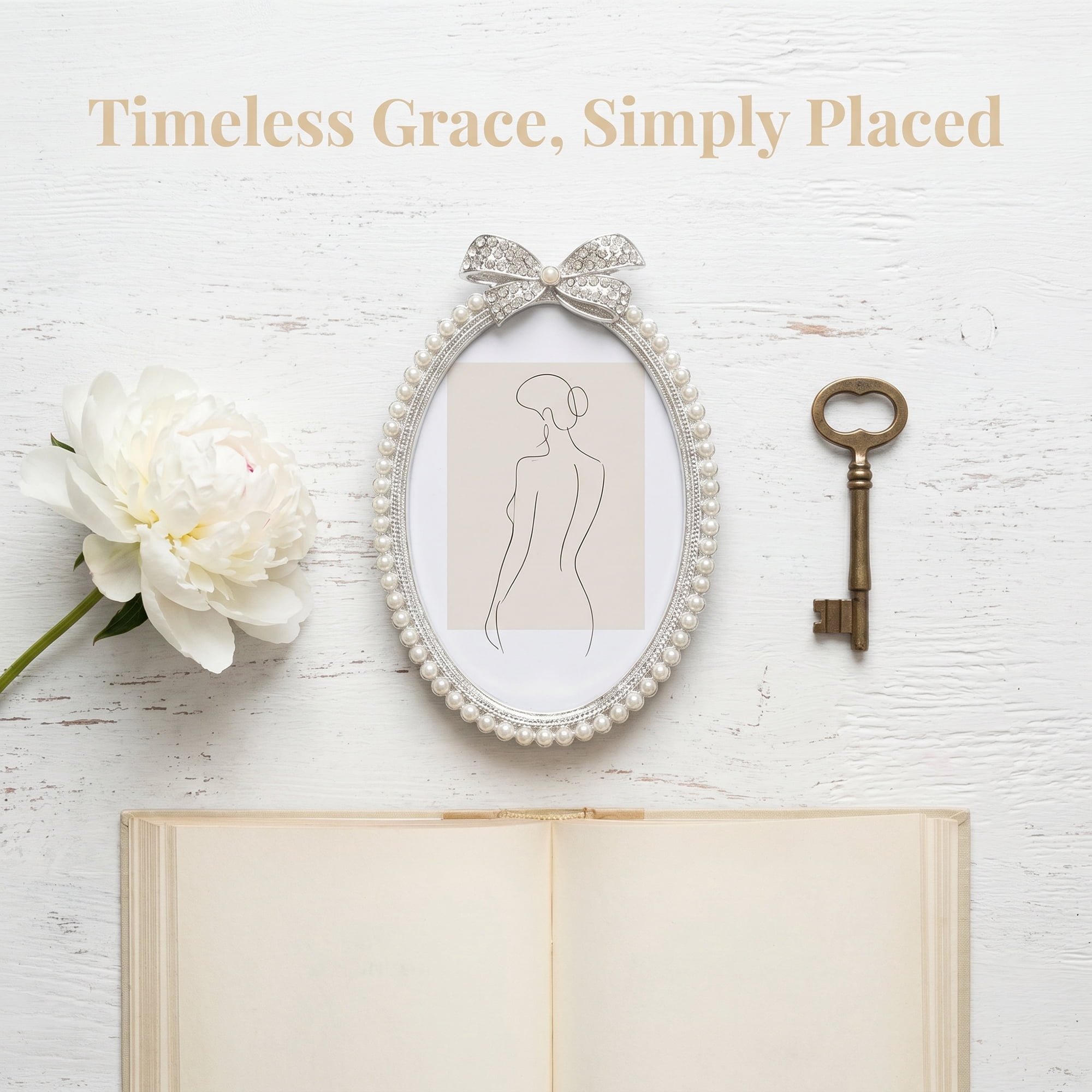 Unique Bargains Bow Cute Pearl Photo Frame with HD Glass Silver White 3.94"x 5.91"