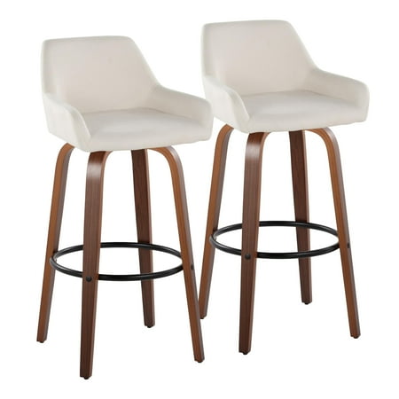 Barstool 30-Inch Fixed Height Swivel Bar Stools with Cream Fabric Upholstery Walnut Wood Legs and Round Black Metal Footrest for Kitchen and Bar Area Set of 2 Contemporary Style