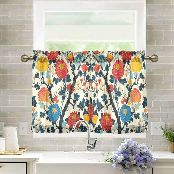 Yayeee Kitchen Curtains Tier Pair Light Filtering 27"x24" Rod Pocket Short Cafe Window Panel, Vibrant Japanese Flowers