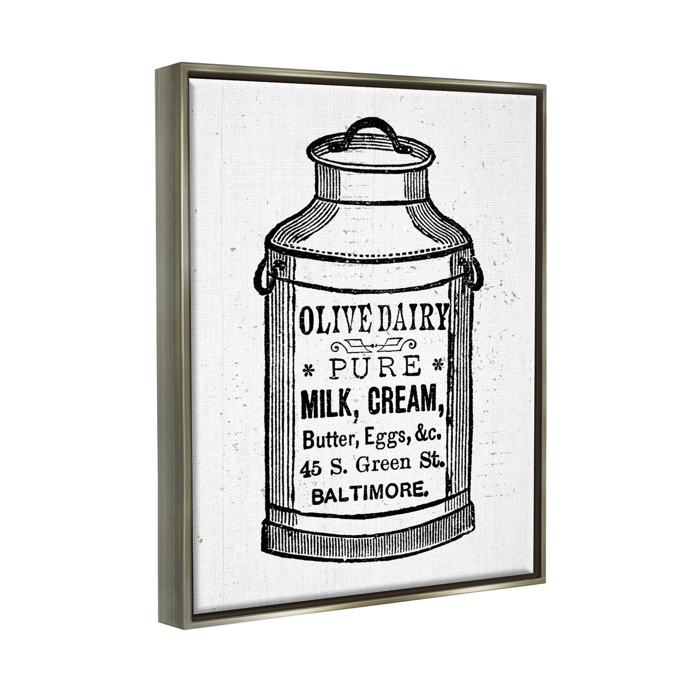 Stupell Industries Olive Dairy Vintage Milk Can Graphic Art Luster Gray Floating Framed Canvas Print Wall Art, Design by Lil' Rue
