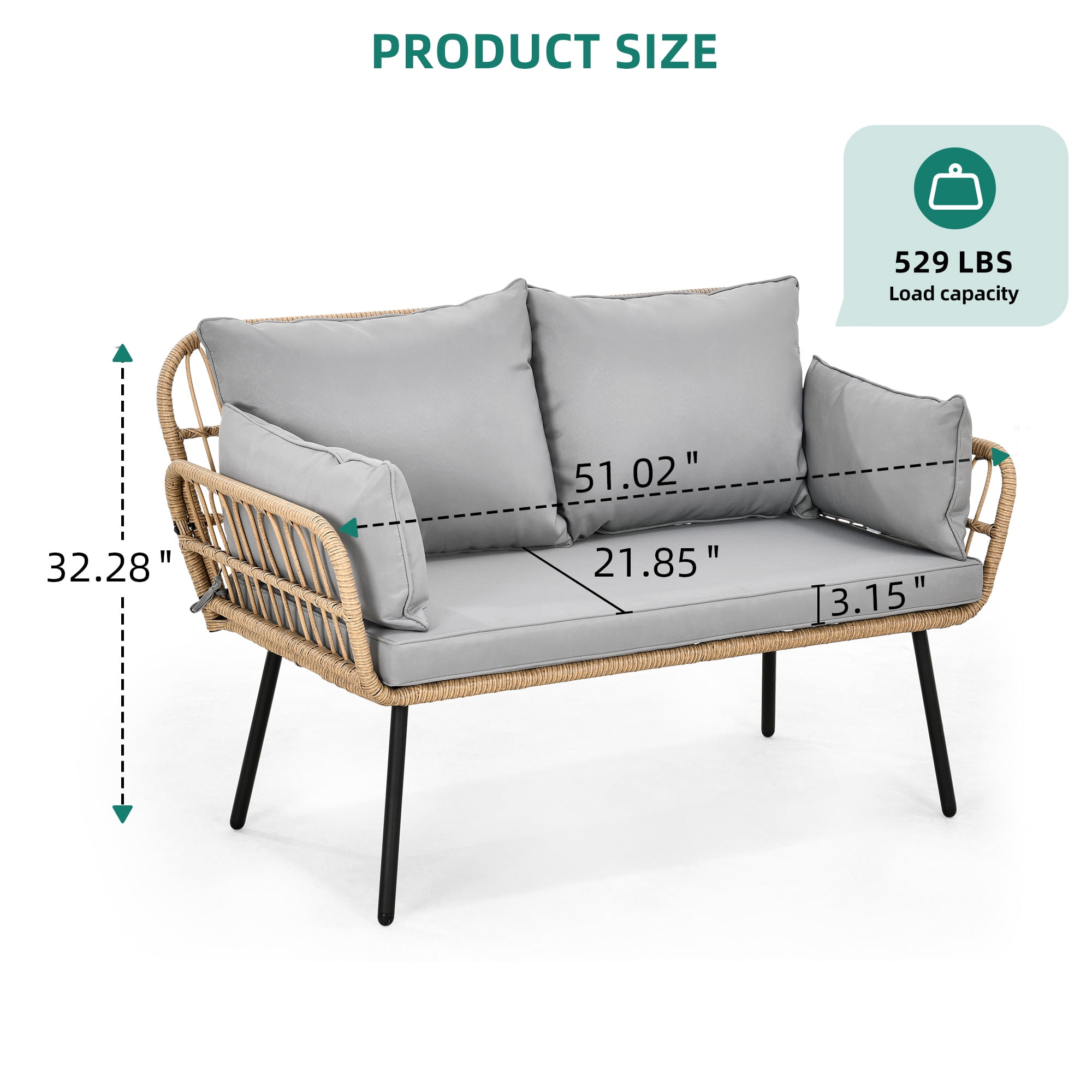 DEXTRUS Patio Loveseat Sofa, All-Weather Wicker Rattan 2 Seater Sofa with Cushions & Lumbar Pillows, Outdoor Patio Furniture Set for Patio for Balcony, Backyard, Deck, Poolside - Grey
