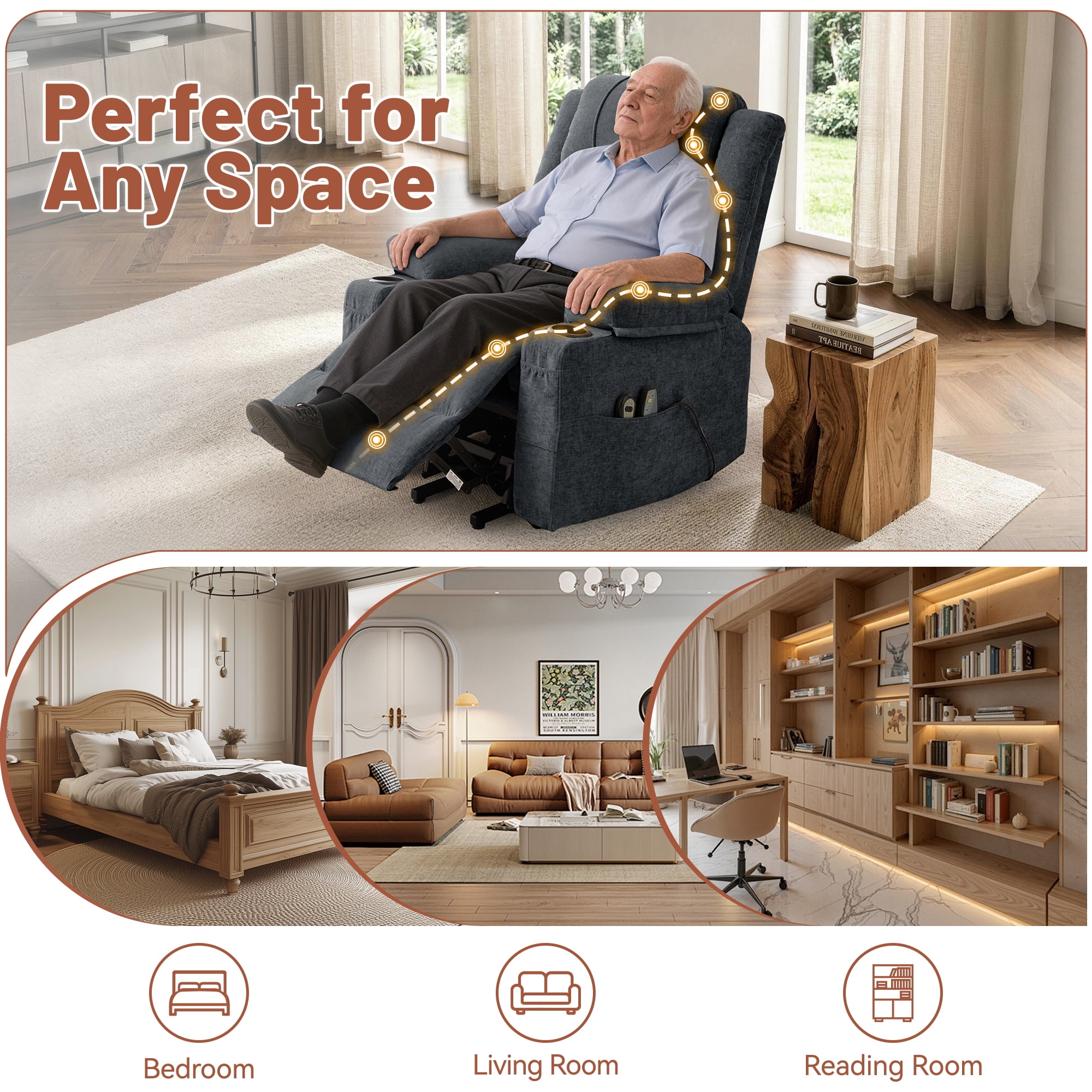 Korser Power Lift Recliner Chair for Elderly with Massage and Heat,Electric Lift Reclining Chair with Side Pockets and Cup Holders,Massage Recliner Chair for Living Room,Chenille,Dark Grey