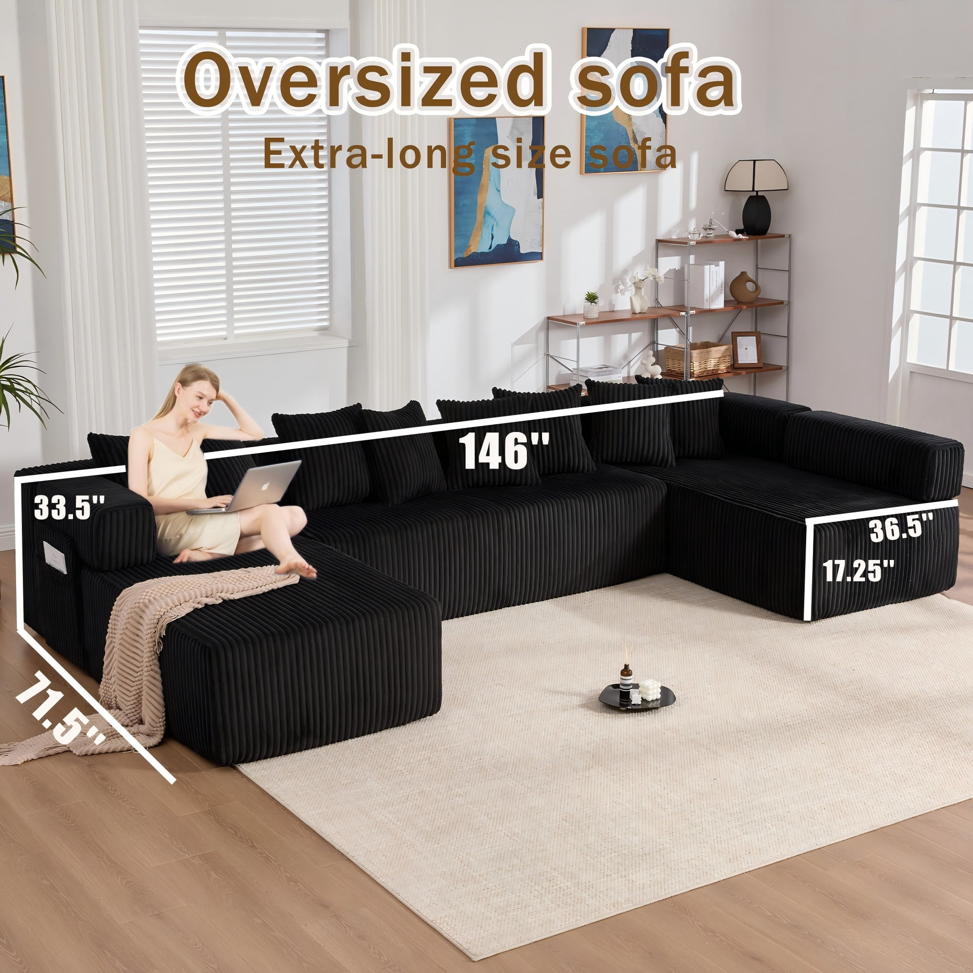 LLappuil 146" Sectional Sofa, U Shaped Sectional Couch with Chaise, 5 Seat Corduroy Sofa Convertible Sleeper Sofa Bed for Living Room Black