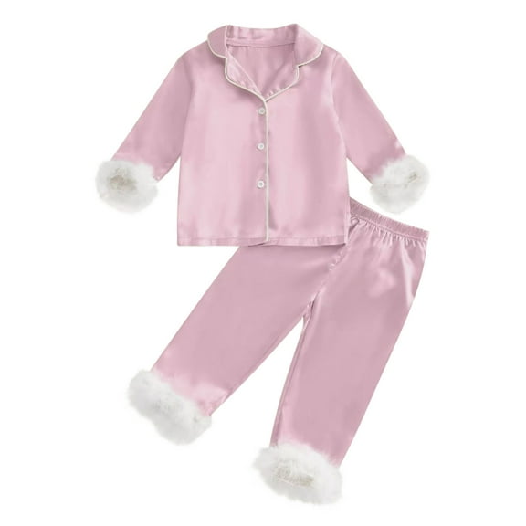 Avrntaa Fall Lounge Outfits for Little Girls Fluffy Trim Button Down Shirts and Pant Comfy Thermal Sets for 2-14Y