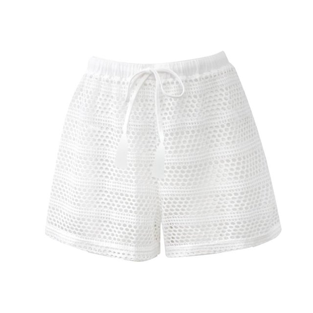 short ocean pacific para mujer, tejido grueso, beige, talla g short beige Ocean Pacific para mujer en tejido grueso con pretina elástica y cordón frontal, silueta corta y corte recto, textura de punto calado con patrones geométricos, proporciona cobertura y libertad de movimiento.