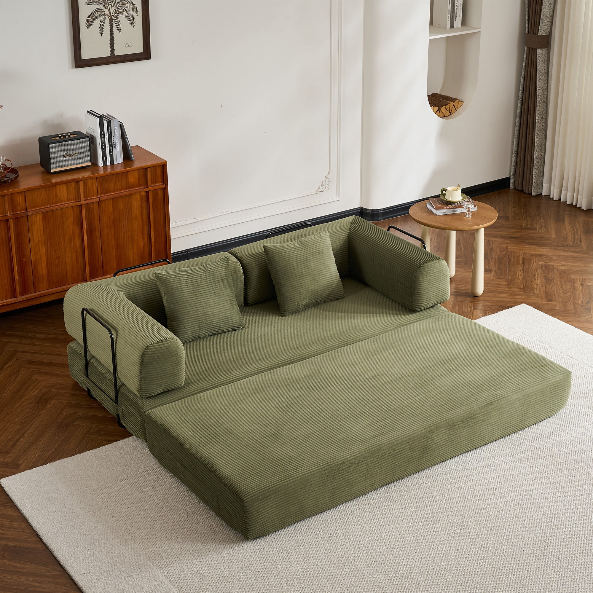 BSHTI 77" Corduroy Convertible Sleeper Sofa Bed with Cylindrical Pillow, No Assembly, Small Space for Living Room（Green）