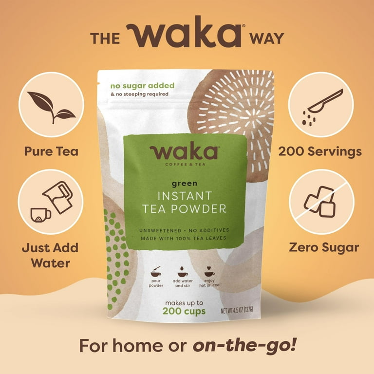 WAKA Instant Green Tea Mix, Unsweetened Powder, 100% Tea Leaves