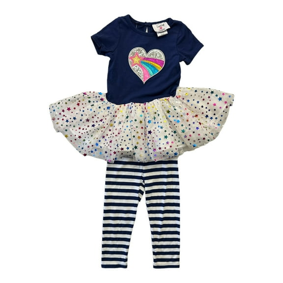 Counting Daisies Girl's 2 Piece Short Sleeve Tunic Tutu & Legging Set (Navy, 2T)