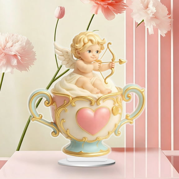 Valentine's Day Romantic Tea Cup Figurine Decorative Gift for Lover, Perfect for Home Tabletop Coffee Bar Living Room Anniversary Wedding Shower Decor Use