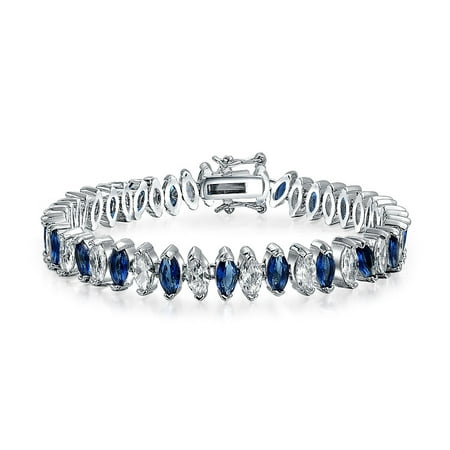 Bling Jewelry Rhodium Plated Glass Marquise Blue CZ Tennis Bracelet 7.5 Inch