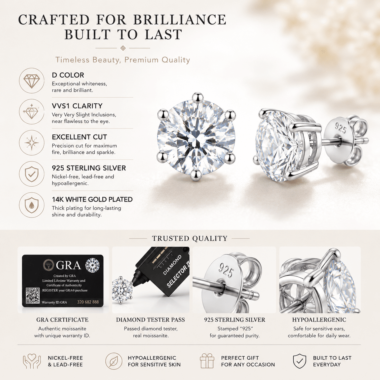 MOONELLE 3Ct Round Cut Moissanite Stud Earrings for Women, 925 Sterling Silver, White Gold Plated