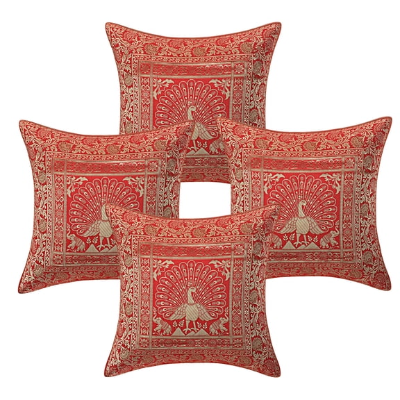 DK Homewares Decorative Throw Pillowcases 16 x 16 Inch Brocade Jacquard Weave Indian Square Peacock Cushion Covers (Size - 40x40 cm ; Color: Red & Gold ) - Set of 4 Pcs (Cover Only)