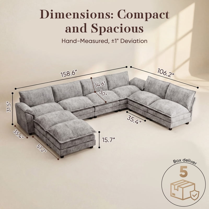 Lacoo 6-Seat Cloud Couch Extremely Flexible Combination Sectional with Reversible Chair & Movable Footrest, Gray