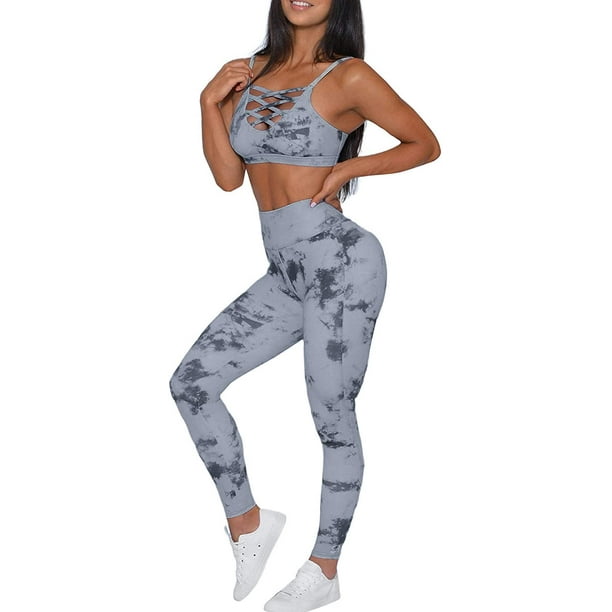 Women's 2 Piece Tie Dye Crisscross Tracksuit Workout Outfits - Seamless  High Waist Leggings and Stretch Sports Bra Yoga Activewear Set Gray X-Large  16 18 