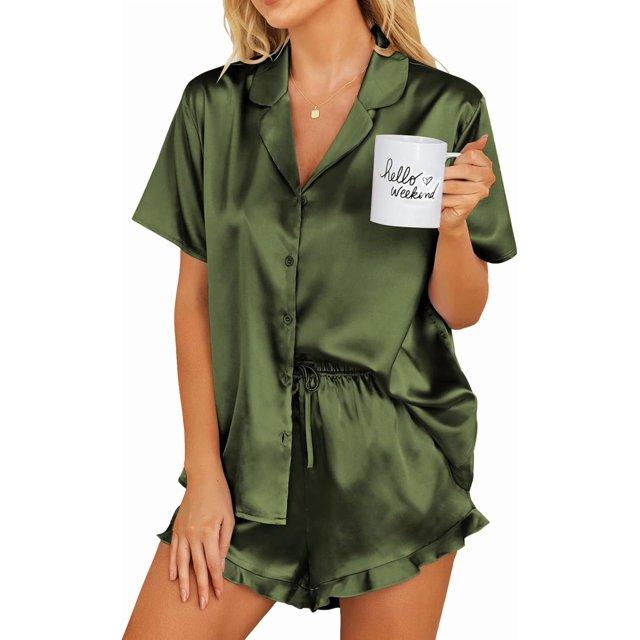 Ekouaer Womens Satin Pajamas Set Button Down 2 Piece Silk Pjs Shorts Set Ruffle Lingerie Notch Collar Sleepwear S-XXL