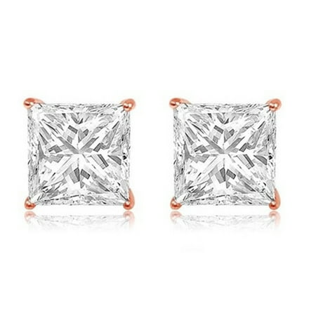 14k Rose Gold Princess 1 Ct White Cubic Zirconia Stud Earrings
