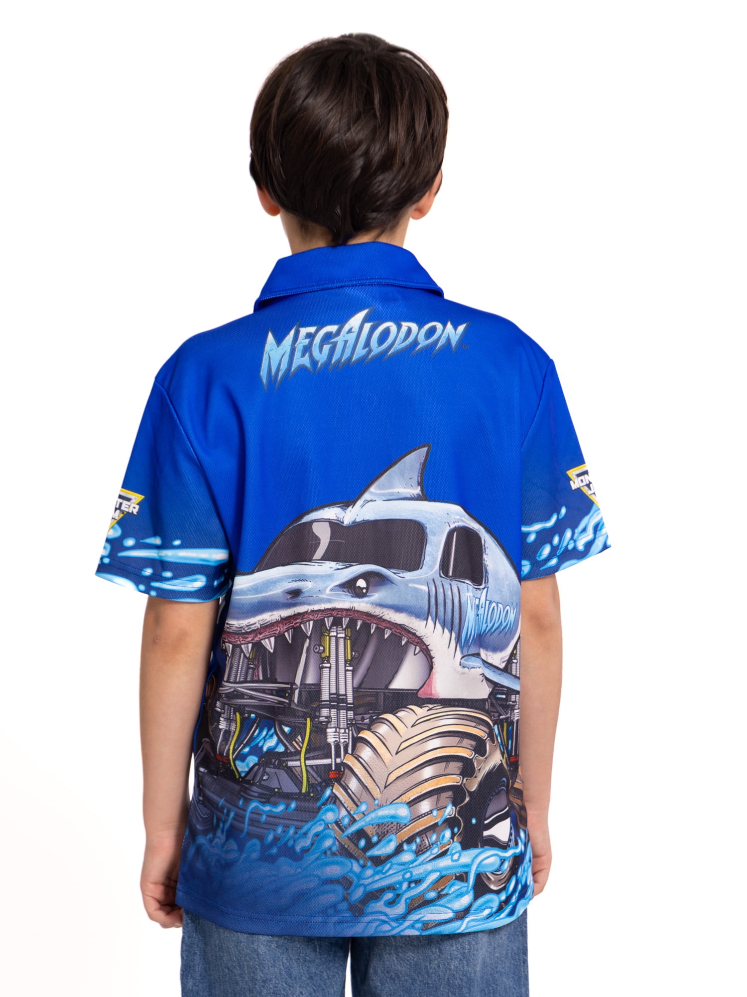 Monster Jam Megalodon Boys Button Shirt with Short Sleeves, Sizes 4-16