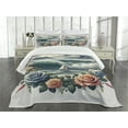 thumbnail image 3 of Ambesonne Nautical Quilted Bedspread Set 3 Pcs, Sailboat in Rose Wreath, Queen Size, Teal Salmon and Slate Blue, 3 of 5