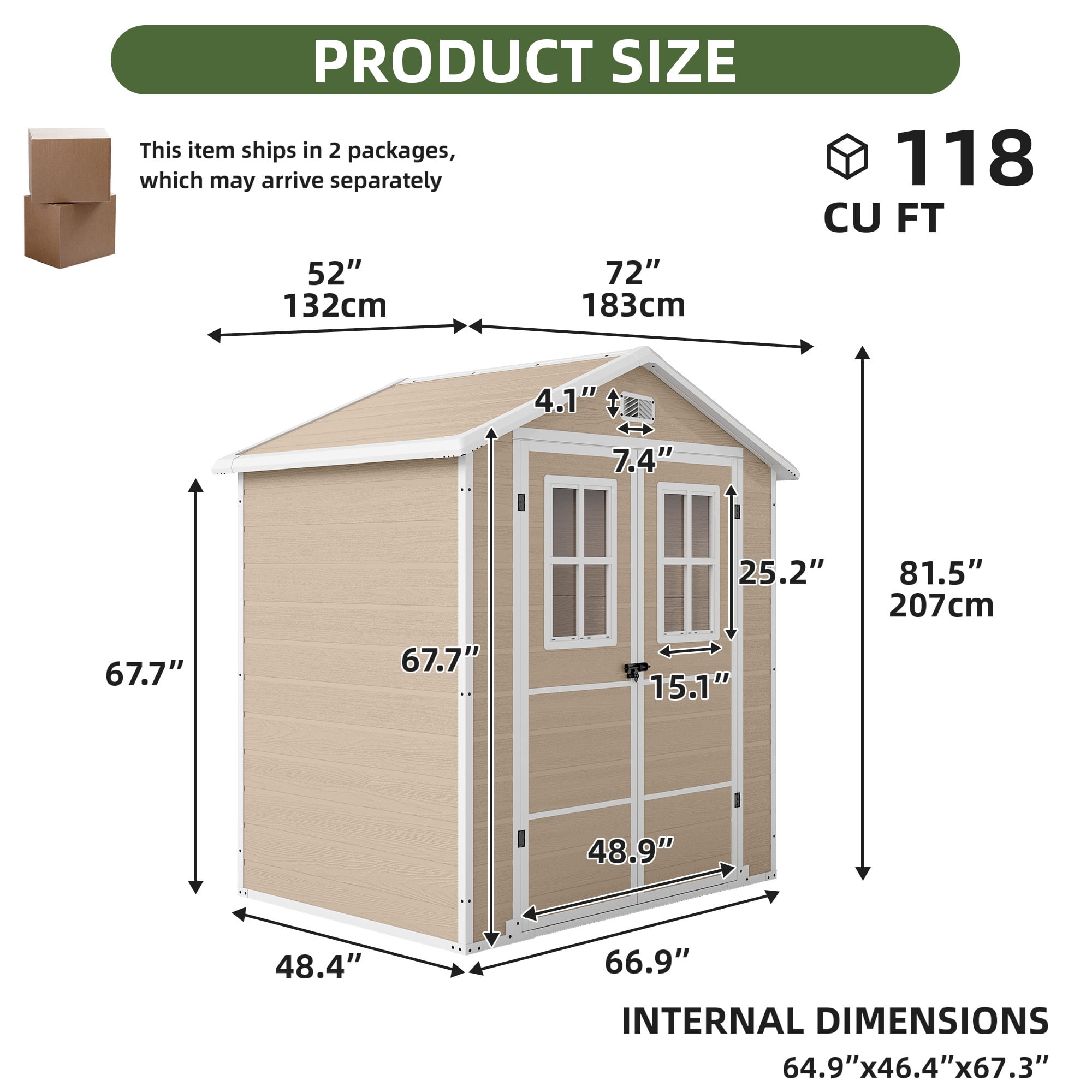 Dextrus 6x4.4ft Plastic Outdoor Storage Shed, Double-Wall Garden Tool Shed with 2 Windows & Lockable Door, Weatherproof Outside Storage Cabinet for Patio Backyard Lawn, Beige