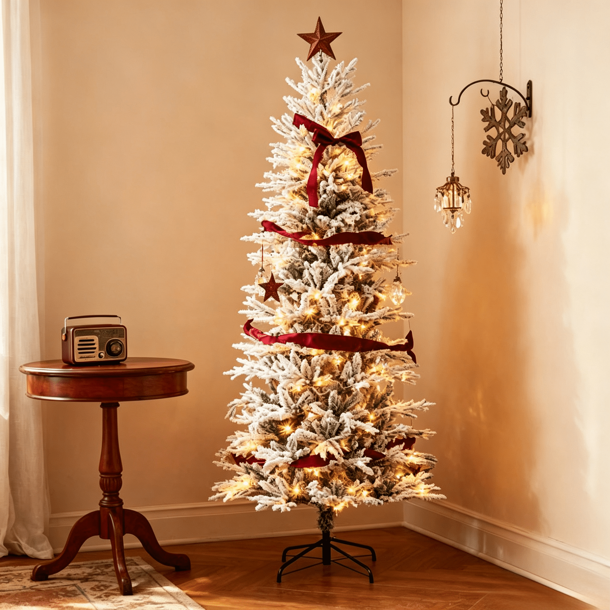 Christmas Trees with Snow Branches, Pre Lit Artificial Flocked Christmas Trees,Warm Yellow Clear Lights, Auto Open