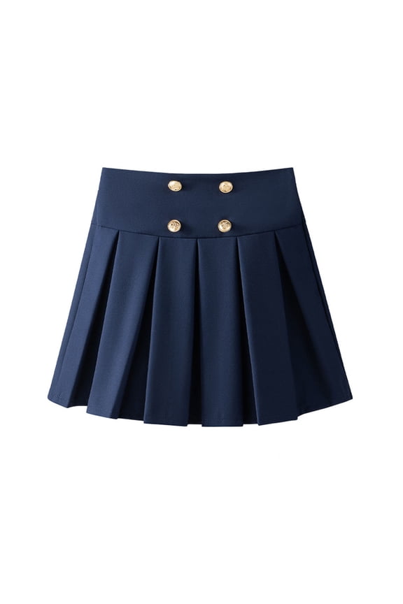 School Uniform Skirts For Girls High Waisted Pleated Hem Button Decor Skirt Summer Casual Performance A-Line Lined Mini Skirt